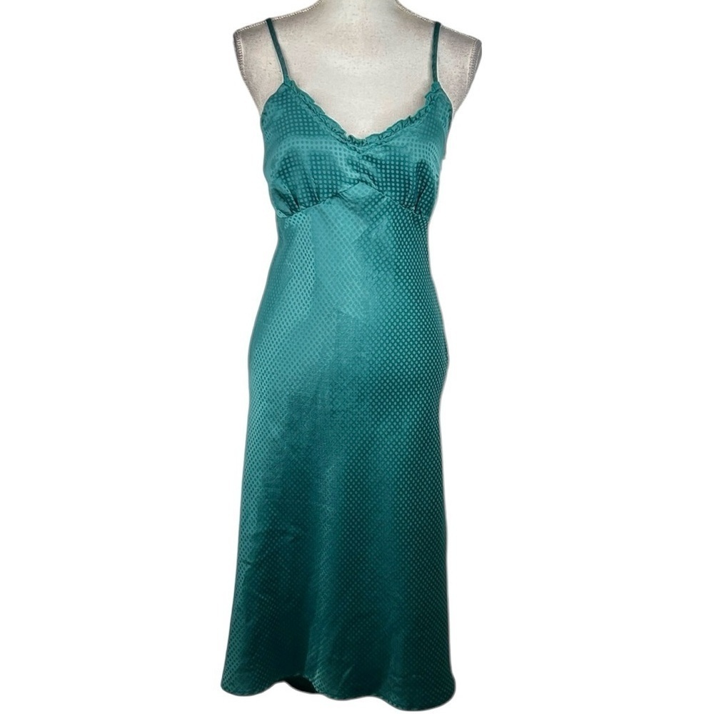 Japna Dark Green Silky Romantic Satin Special Occasion Spaghetti Strap Mid Dress